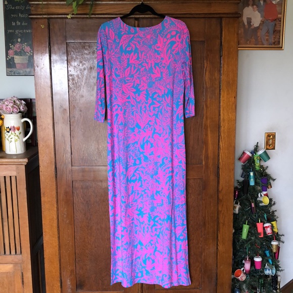 Lilly Pulitzer Morgann 3/4 Sleeve Maxi Dress Aura Pink Leaf An Impression Large - Picture 2 of 14